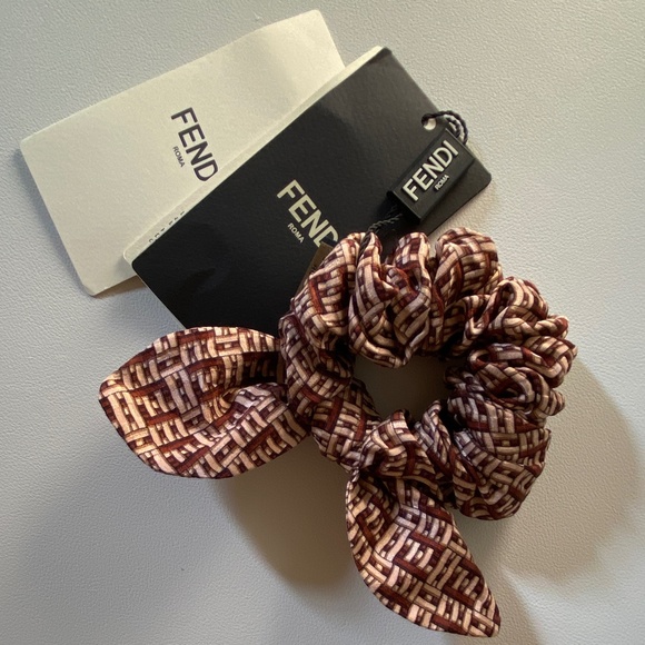 Fendi Silk Scrunchie Blush Pink & Maroon Logo Pattern And Bow New in Box… main image 4